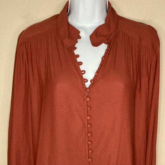 Free People Button Down Front Top Collar Flared Sleeves Rust Burnt Orange Size M - Picture 5 of 16